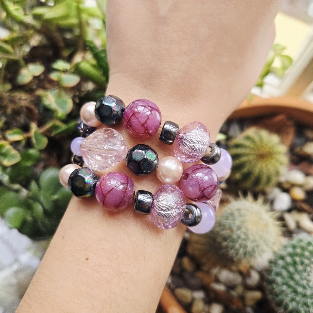 Vintage Purple & Pink Oversized Boho Bohemian Bead Layer Beaded Stretch Bracelet - Picture 2 of 11
